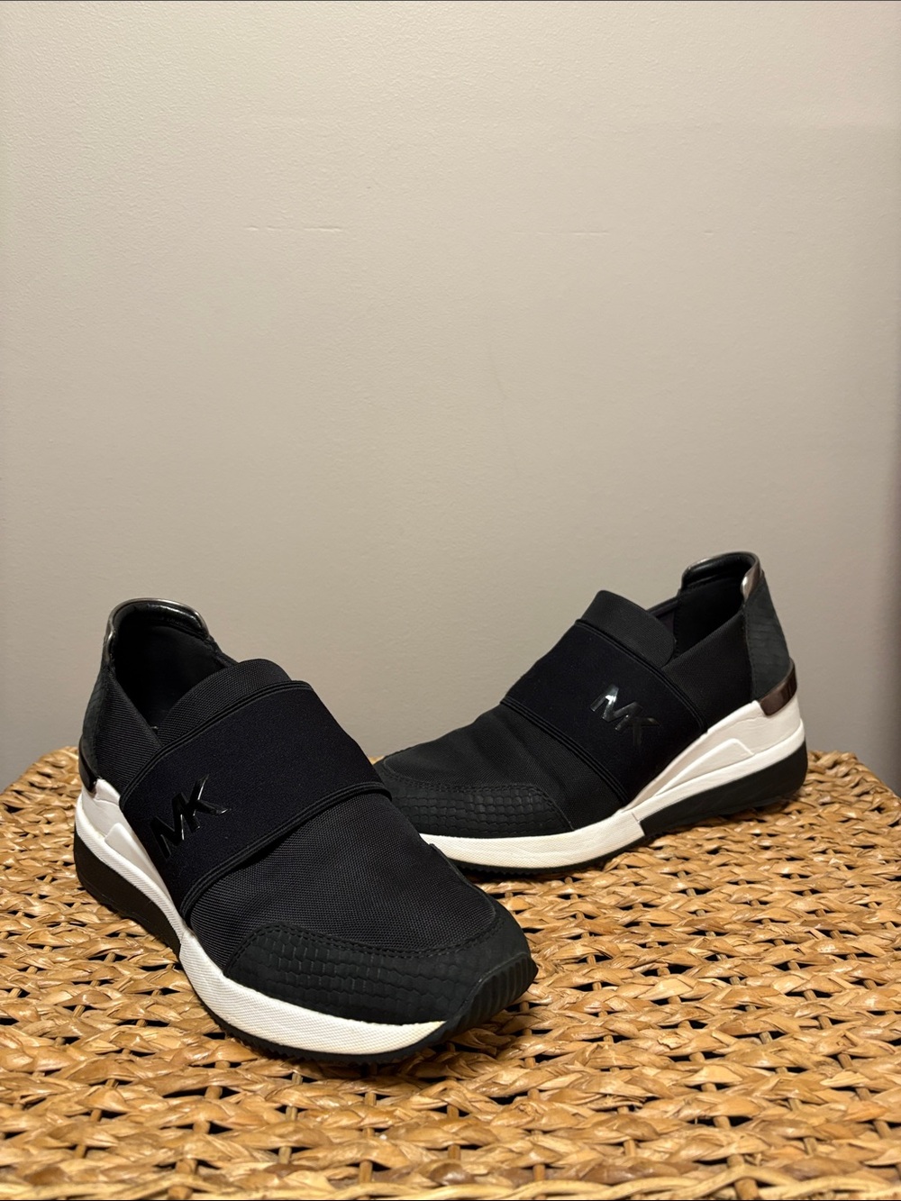 Michael Kors Black Knit Slip-On Sneakers with White Sole